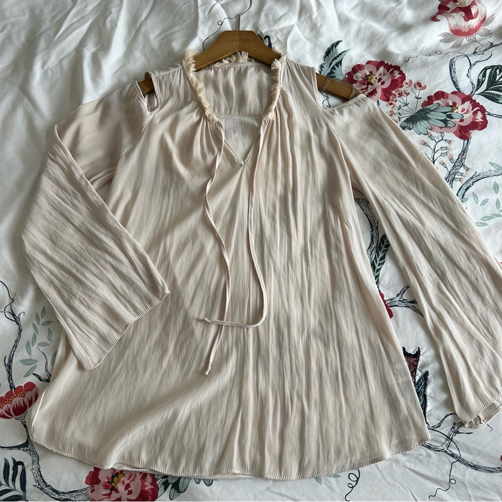 Lola & Sophie blush pink off white cream flowy silk blouse long sleeve shirt top